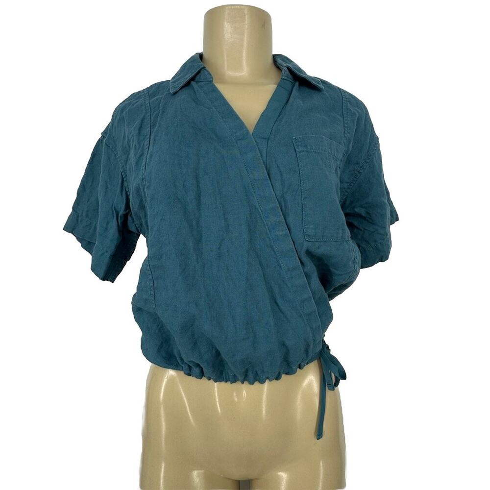 Athleta XS Women Playa Cropped Linen Tie Wrap Lightweight Top Short Sleeve F6